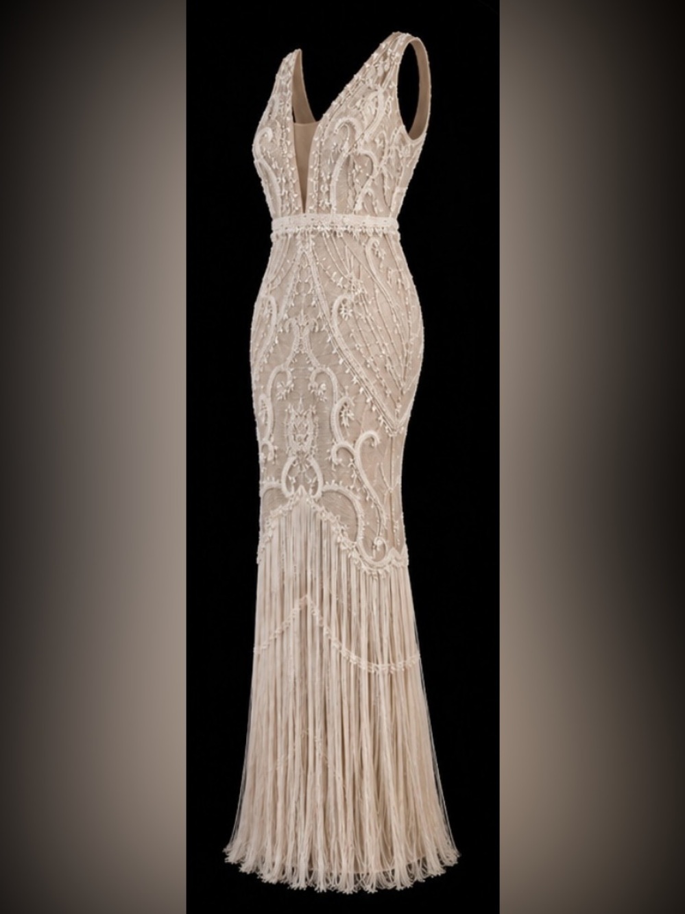Embroidered Fringe Evening Gown in Champagne - Picture 3 of 5